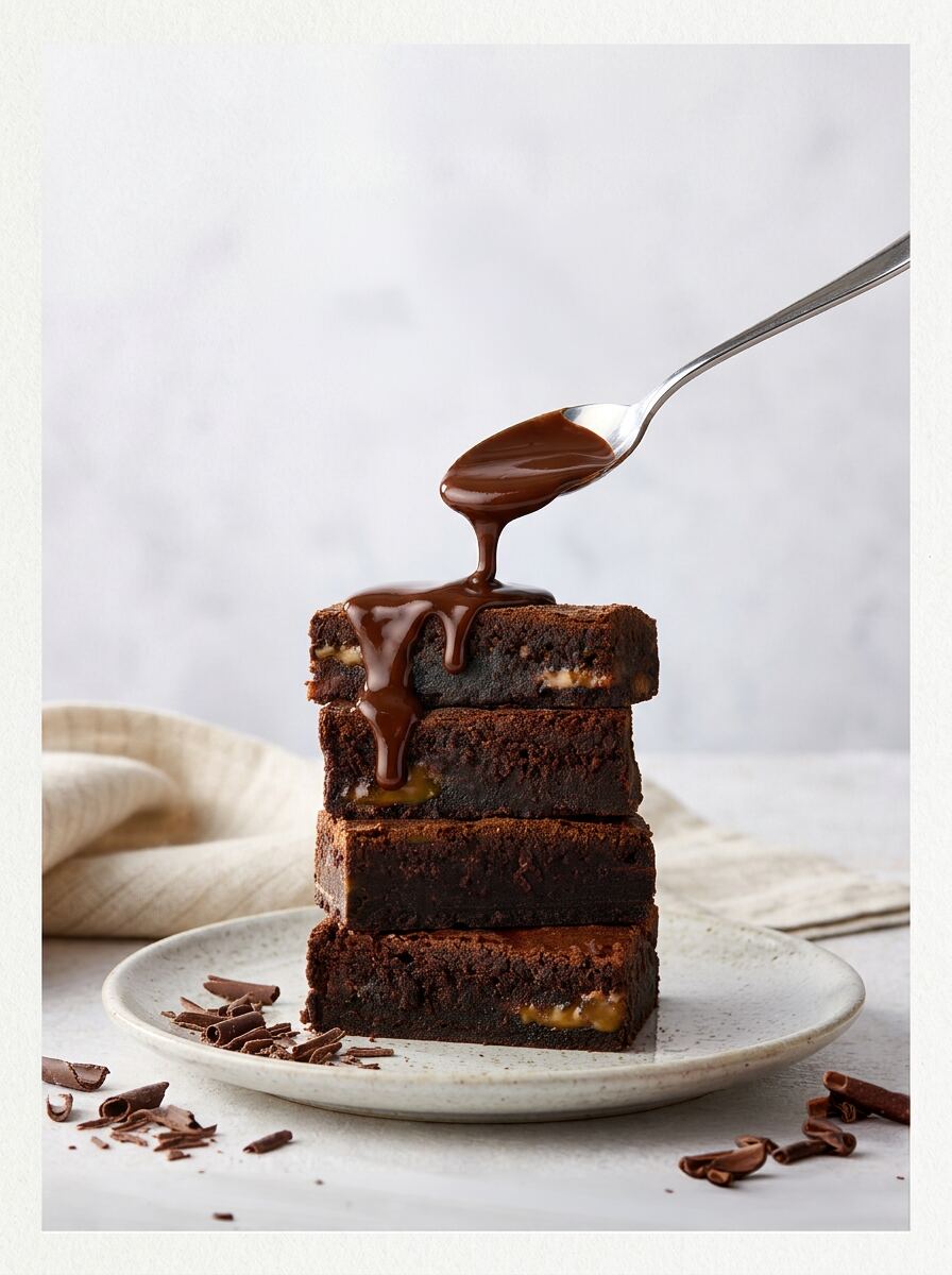 Brownie stack with chocolate sauce