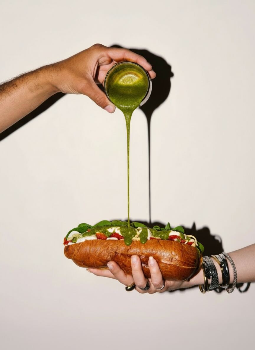 Italian sub roll with pesto pour